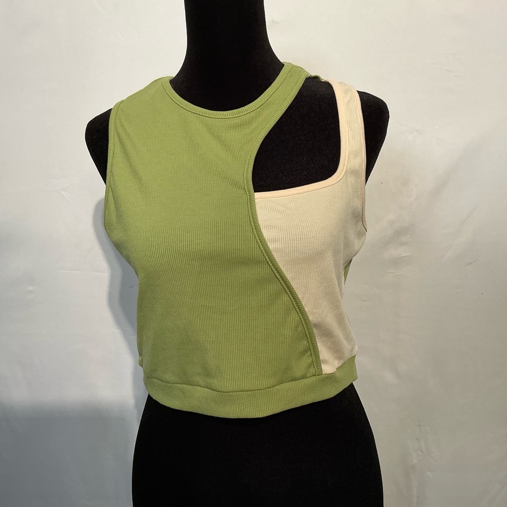 Source Unknown Olive and Beige Asymmetrical Crop Top